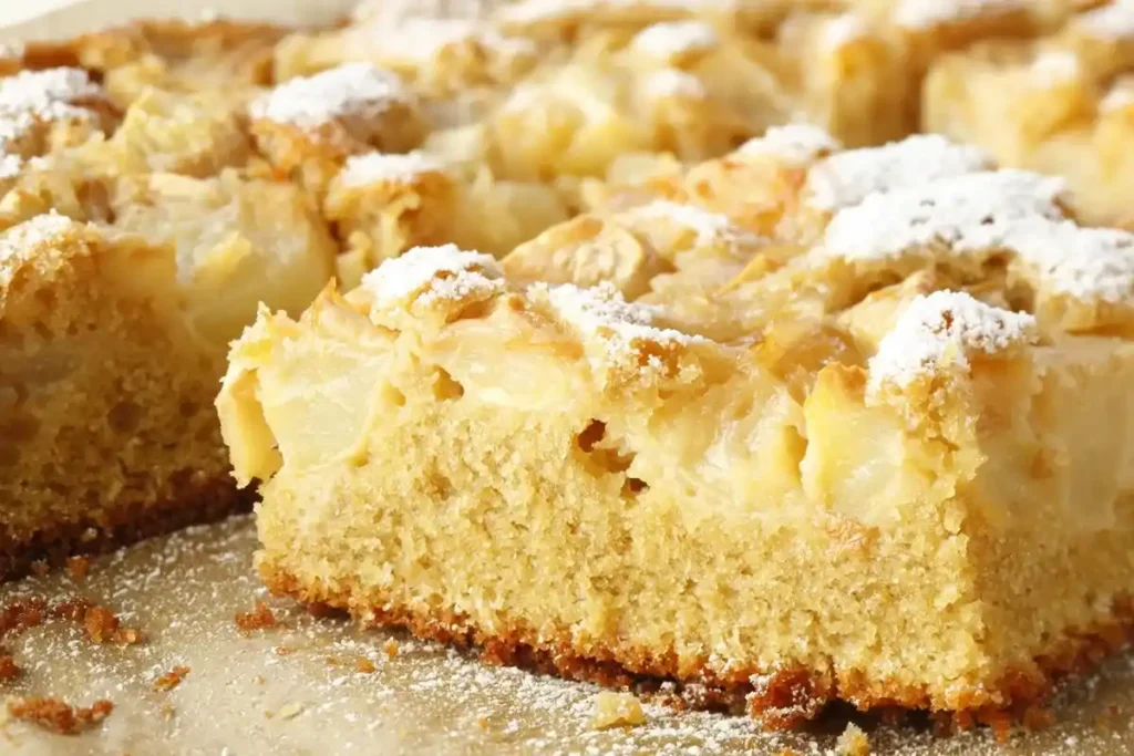 Saftiger Apfelkuchen vom Blech, frisch gebacken nach einem einfachen apfelkuchen rezept und mit Puderzucker bestäubt