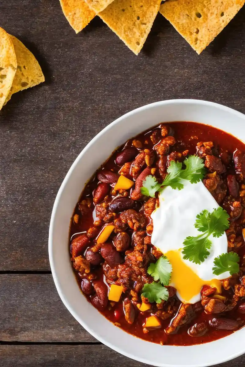Eine lebendige und einladende Nahaufnahme einer Schale Chili con Carne, die ihre herzhaften Zutaten und frischen Beläge aus Sauerrahm und Koriander zeigt.