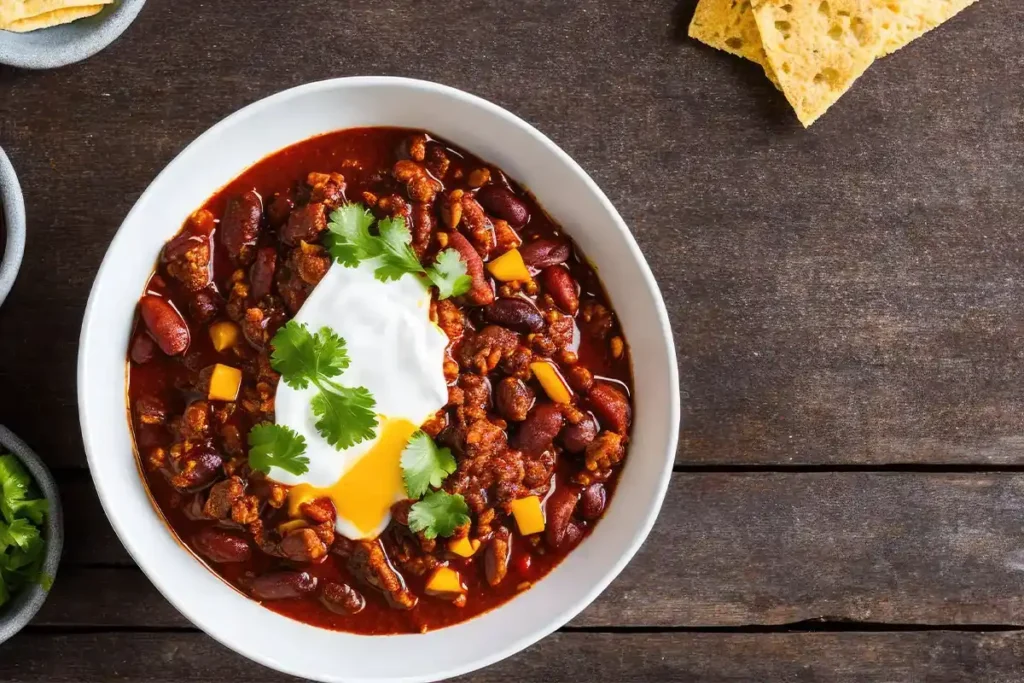 : Eine Draufsicht auf eine weiße Schale gefüllt mit Chili con Carne, garniert mit einem Klecks Sauerrahm, einem gelben Soßenfleck und frischen Korianderzweigen. Mehrere Tortilla-Chips liegen auf einer dunklen Holzoberfläche um die Schale herum verstreut.