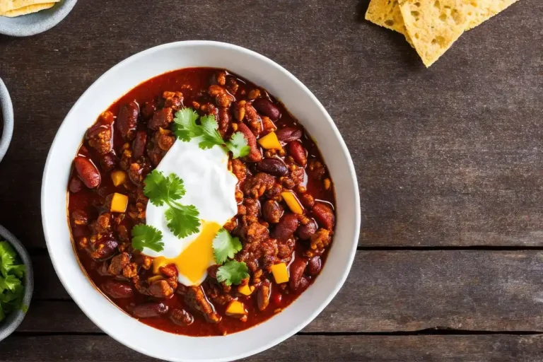 : Eine Draufsicht auf eine weiße Schale gefüllt mit Chili con Carne, garniert mit einem Klecks Sauerrahm, einem gelben Soßenfleck und frischen Korianderzweigen. Mehrere Tortilla-Chips liegen auf einer dunklen Holzoberfläche um die Schale herum verstreut.