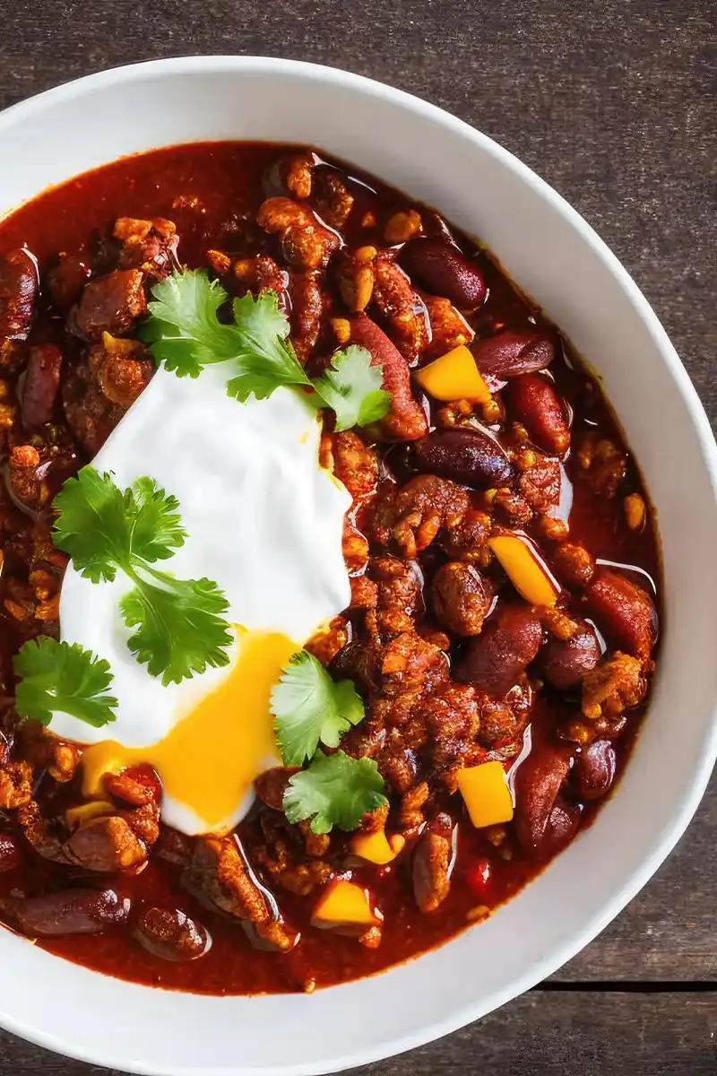 Eine Nahaufnahme, von oben betrachtet, einer weißen Schale mit reichhaltigem, rotem Chili con Carne. Es ist mit einem Klecks weißem Sauerrahm, einem gelben Soßenstreifen und frischen grünen Korianderblättern garniert.