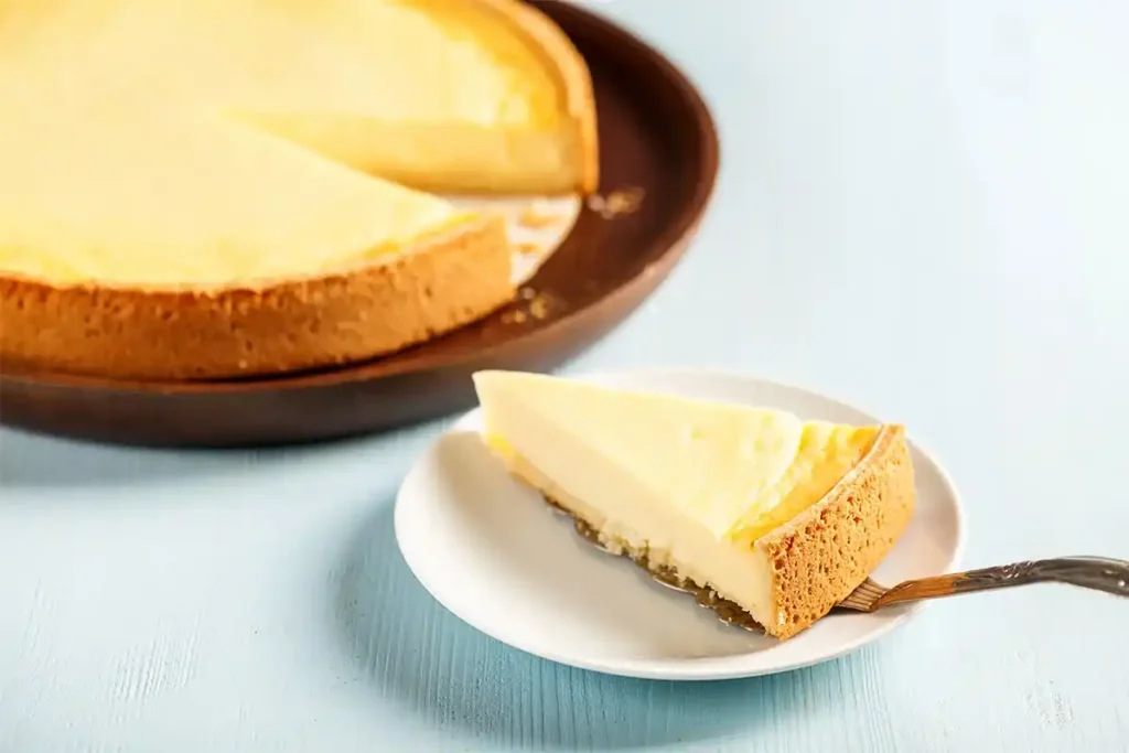 Ein köstliches Stück goldbrauner Käsekuchen Rezept, frisch gebacken und mit Puderzucker bestäubt, auf einem Teller