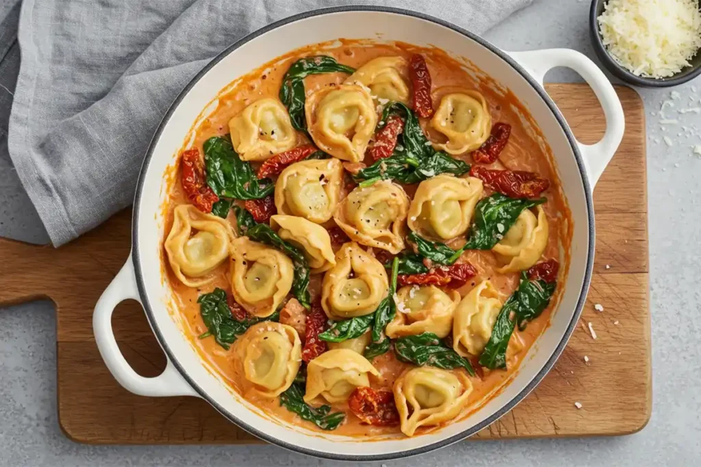 Cremige Tortellini mit Spinat und getrockneten Tomaten in einer weißen Pfanne, von oben fotografiert