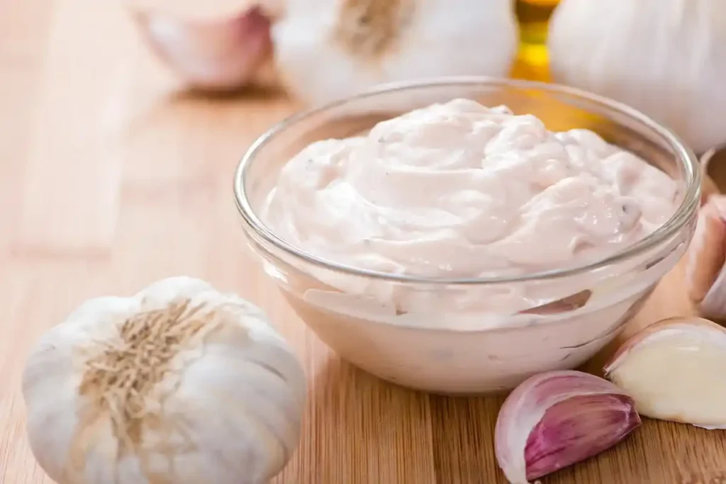 Eine Schale mit fertiger, cremiger Knoblauch-Aioli nach unserem Aioli Rezept, servierfertig mit frischem Knoblauch daneben.