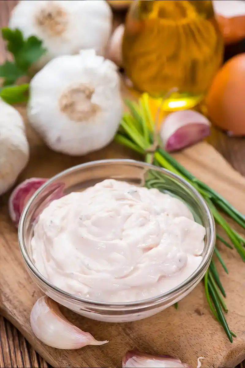Eine Schale mit fertiger Aioli, umgeben von frischen Zutaten wie Knoblauch, Öl und Kräutern, die für dieses Aioli Rezept benötigt werden.