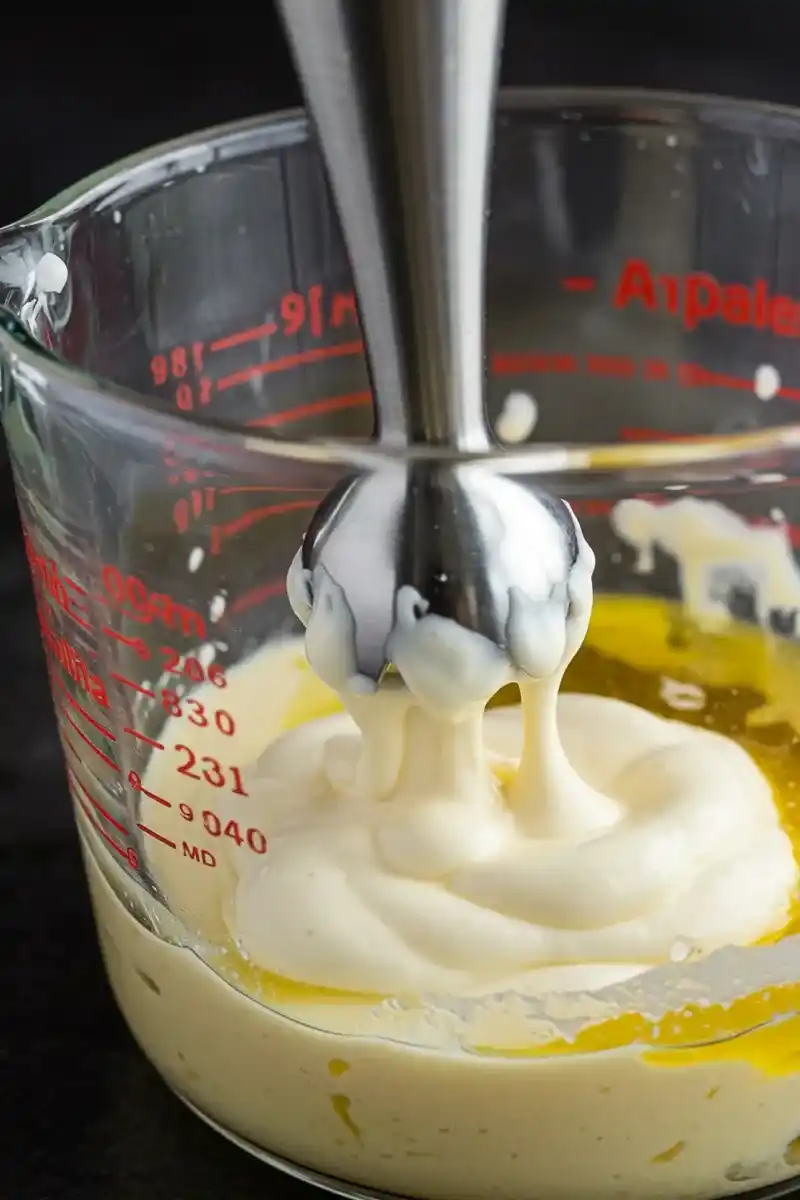 Eine detaillierte Nahaufnahme der fertigen Aioli, die nach unserem Aioli Rezept zubereitet wurde. Man erkennt die dicke, glatte Textur der Knoblauch-Mayonnaise, die in einer kleinen, durchsichtigen Glasschale serviert wird. Im Hintergrund sind Knoblauchzehen zu sehen.